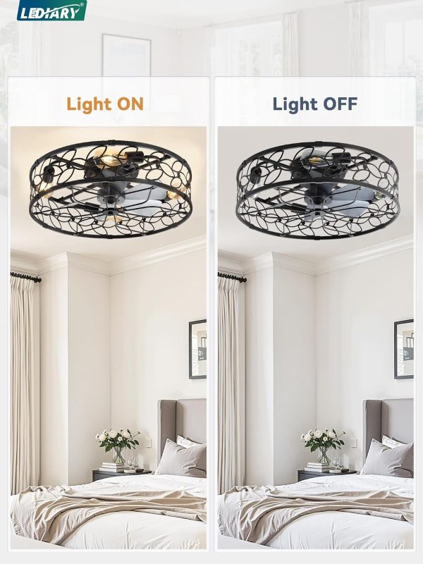 712F6MyD9UL._AC_SL1500_.jpg windphoto 23" Caged Ceiling Fan with Light, Flush Mount Fandalier with Remote | Low Profile, Farmhouse Large, Bladeless Industrial, Quiet DC Motor, App Control for Bedroom, Kitchen, Dining Room, Black