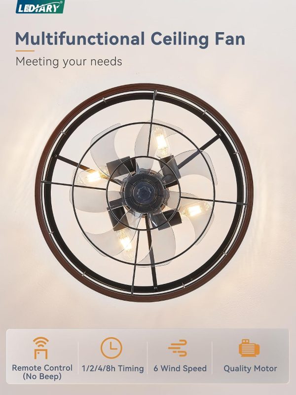 712G0Tys-L._AC_SL1500_.jpg windphoto 20 inch Fandelier Caged Ceiling Fan with Light and Remote, Walnut | 6 Speed Adjustable,Timing, Quiet & Powerful DC, Small, Farmhouse, Industrial, Enclosed, Bladeless, Bedroom, Kitchen, Downrod