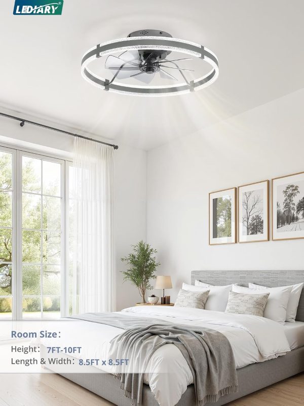 windphoto 24'' Modern Low Profile Ceiling Fans with Lights and Remote, Gray | 3000-6000K Dimmable LED, 6 Wind Speeds, Quiet Reversible DC Motor, Small Flush Mount Fandelier for Bedroom, Living Room
