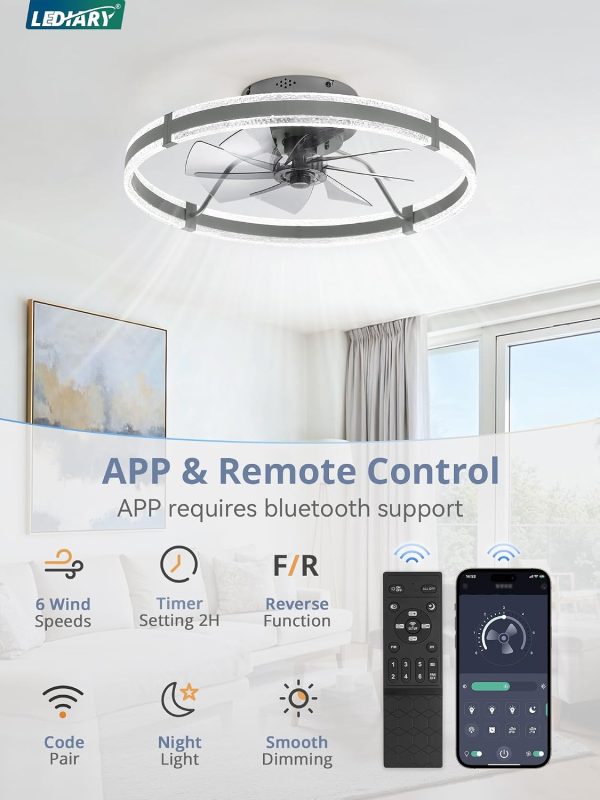 windphoto 24'' Modern Low Profile Ceiling Fans with Lights and Remote, Gray | 3000-6000K Dimmable LED, 6 Wind Speeds, Quiet Reversible DC Motor, Small Flush Mount Fandelier for Bedroom, Living Room