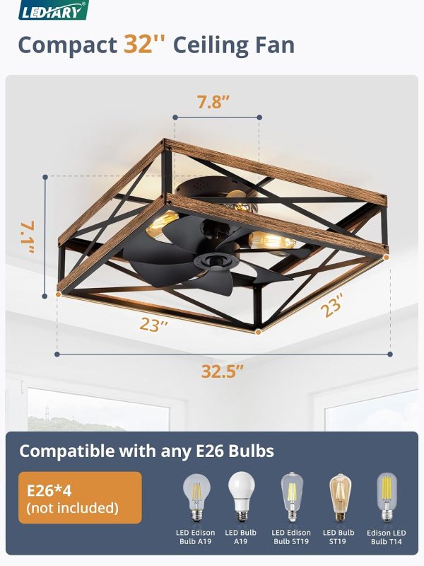 windphoto 23 Caged Flush Mount Square Ceiling Fans with Lights and Remote | 6 Speed and Reversible, Small Farmhouse Rustic Bladeless Ceiling Fan Low Profile for Bedroom, Kitchen, Dining Room