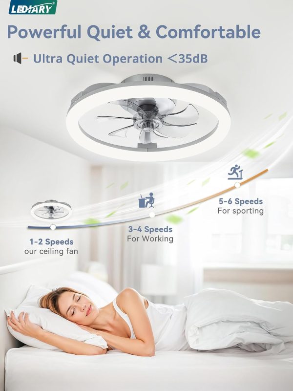 windphoto 20" Ceiling Fans with Lights and Remote for Bedroom, Grey | Low Profile Fan Light, 3000K-6000K Stepless Dimmable Fandelier, 6 Speed, Reversible DC Motor, APP & Remote Control, Low Noice
