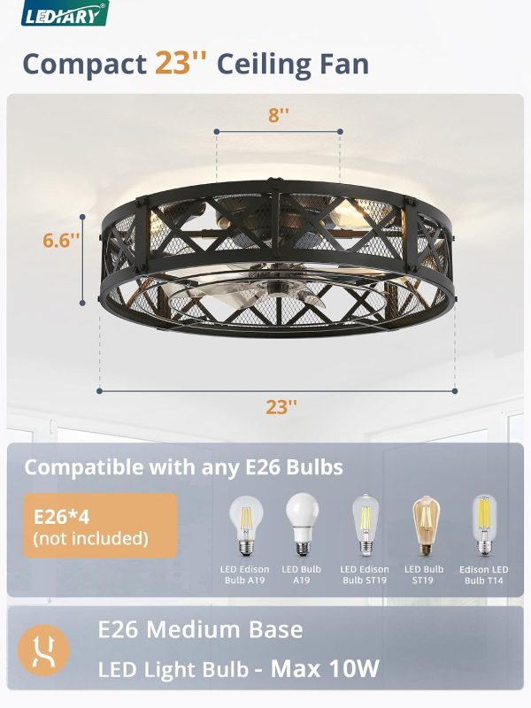 windphoto 23" Caged Farmhouse Ceiling Fan with Light, Flush Mount, Black | Remote&APP Control, Large Low Profile, Rustic Fandaliers, Industrial Bladeless Enclosed, Powerful Motor for Bedroom, Kitchen