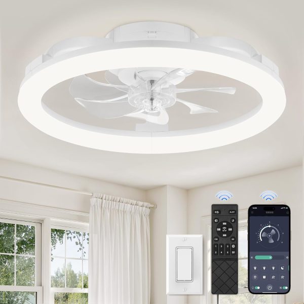 windphoto 20" Ceiling Fans with Lights and Remote for Bedroom, White | Low Profile Fan Light, 3000K-6000K Stepless Dimmable Fandelier, 6 Speed, Reversible DC Motor, APP & Remote Control, Low Noice