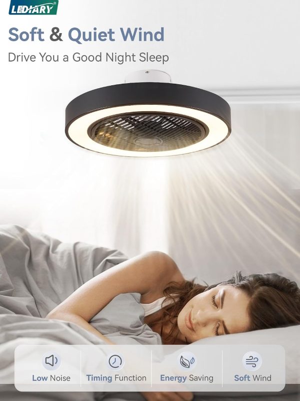 712l-ToQypL._AC_SL1500_.jpg windphoto 22in Bladeless Enclosed LED Ceiling Fan Light with Remote, Black | Flush Mount, Modern, 6 Speed Adjustable, 3000-6000K Dimmable, 3000LM, Indoor Bedroom Living Room, Remote/APP Control