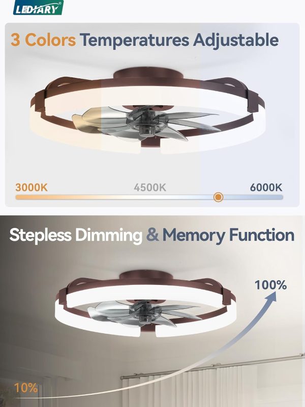 windphoto 20" Ceiling Fans with Lights, Low Profile Fandelier for Bedroom | Flush Mount Fan Light, Stepless Dimmable, App/Remote Control, 3 CCT Led, 6 Speeds, Quiet Reversible DC Motor, Brown