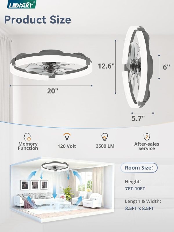 windphoto 20" Ceiling Fans with Lights, Low Profile Fandelier for Bedroom | Flush Mount Fan Light, Stepless Dimmable, App/Remote Control, 3 CCT Led, 6 Speeds, Quiet Reversible DC Motor, Grey