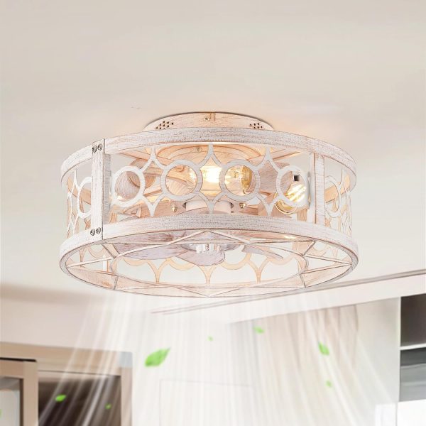 windphoto 16in Caged Low Profile Ceiling Fan Light with Remote White Gold | Flush Mount, Farmhouse, Bladeless Enclosed Fandelier, Small, 6 Speed, Quiet Reversible DC, Bedroom, Kitchen, Living Room,