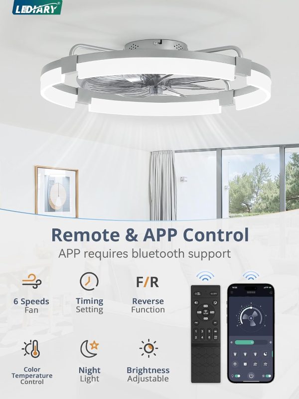 windphoto 24" Ceiling Fans with Lights, Low Profile Fandelier for Bedroom | Flush Mount Fan Light, Stepless Dimmable, App/Remote Control, 3 CCT Led, 6 Speeds, Quiet Reversible DC Motor, Grey