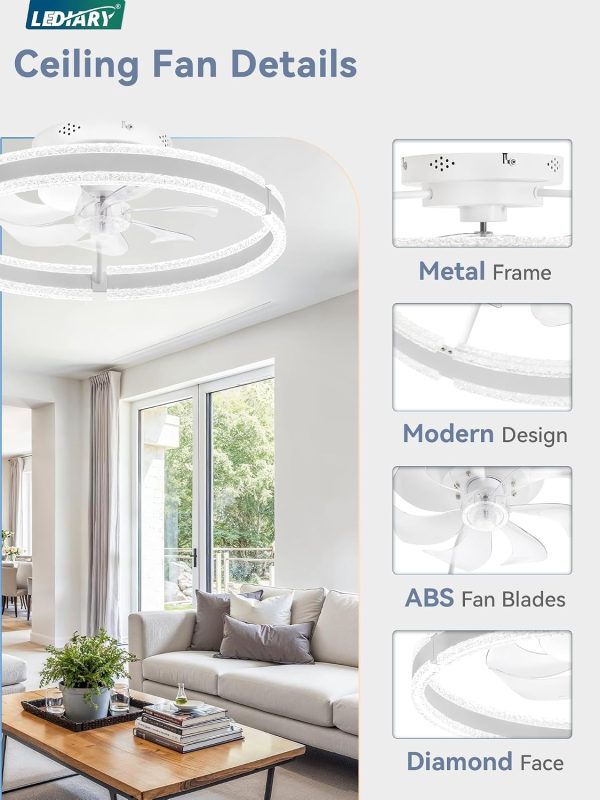 windphoto Ceiling Fans with Lights and Remote, 20'' Low Profile Ceiling Fan with Light, 3000-6000K Dimmable Fandelier Ceiling Fans, Modern Flush Mount Fan Light for Bedroom with 6 Wind Speeds- White | 3000-6000K Dimmable LED, 6 Wind Speeds, Quiet Reversible DC Motor, Small Flush Mount Fandelier for Bedroom, Living Room