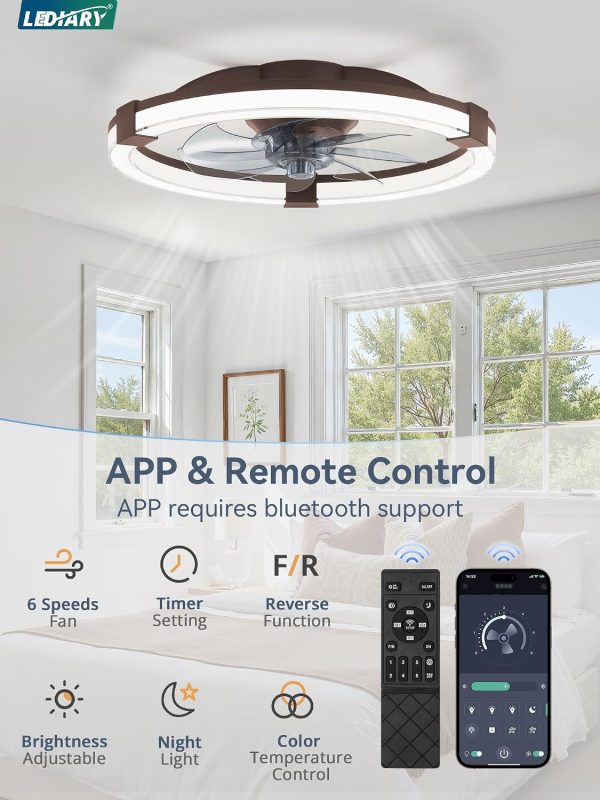 windphoto Ceiling Fan with Light 20" Low Profile Fandelier with Remote Brown | 6 Speeds, Reversible, Dimmable Flush Mount Fan Light, Modern Ceiling Fan with Lights for Bedroom Bladeless