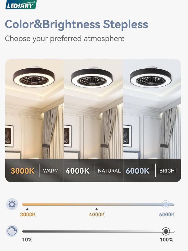 713Qhy3D87L._AC_SL1500_.jpg windphoto 20 Inch Low Profile Bladeless Enclosed LED Ceiling Fan Light, Black | Flush Mount, Modern, 6 Speed Adjustable, 3000-6000K Dimmable, 3000LM, Indoor Bedroom Living Room, Remote/APP Control