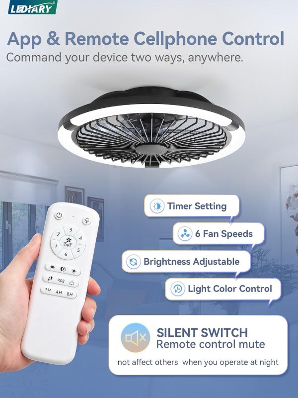 713eg-qyuOL._AC_SL1500_.jpg windphoto 20" Low Profile Bladeless Ceiling Fan with RGB, Remote&APP, White | Flush Mount, 6 Speed Adjustable, 3000-6000K Dimmable LED, Modern Enclosed Fandelier with Timming, Bedroom, Kids Room