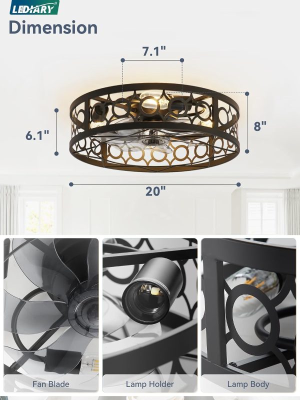 713zrtK33zL._AC_SL1500_.jpg windphoto 20 Inch Caged Flush Mount Ceiling Fans with Lights, Black | Low Profile, Farmhouse, Bladeless Enclosed Fandelier, Small, 6 Speed, Quiet Reversible DC, Bedroom, Kitchen, Living Room,