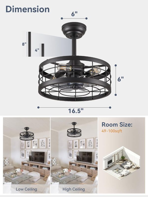 windphoto 16.5 and 20 inch Black Caged Ceiling Fan with Light, Fandelier Industrial Ceiling Fan with Remote, Farmhouse Fan Lights Ceiling Fixtures for Kitchen, Bedroom, Outdoor6 Speed, Timing