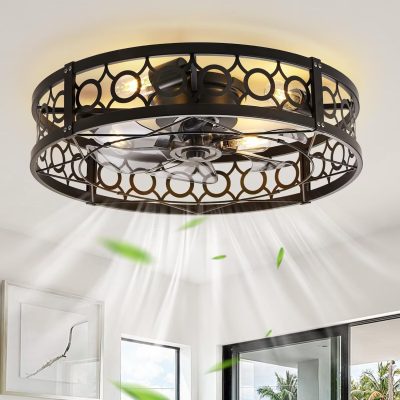 714i6Ojn5VL._AC_SL1500_.jpg windphoto 23 Inch Caged Flush Mount Ceiling Fans with Lights, Black | Low Profile, Farmhouse, Bladeless Enclosed Fandelier, Small, 6 Speed, Quiet Reversible DC, Bedroom, Kitchen, Living Room,
