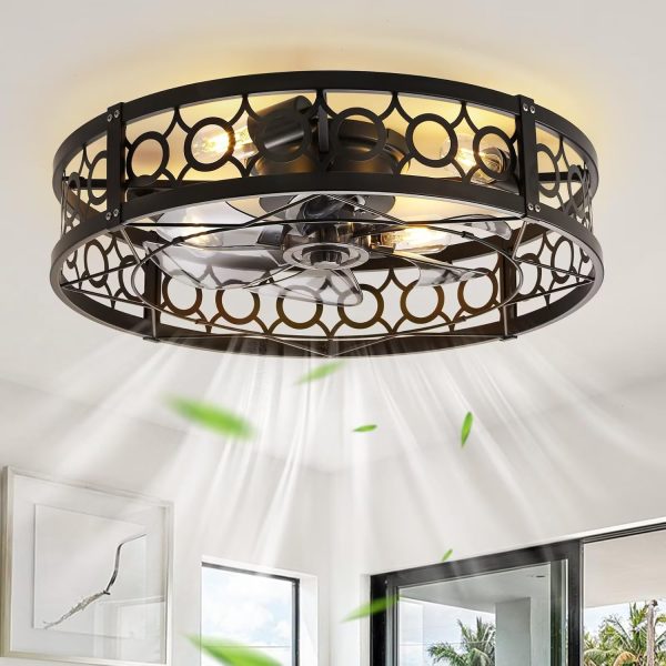 714i6Ojn5VL._AC_SL1500_.jpg windphoto 23 Inch Caged Flush Mount Ceiling Fans with Lights, Black | Low Profile, Farmhouse, Bladeless Enclosed Fandelier, Small, 6 Speed, Quiet Reversible DC, Bedroom, Kitchen, Living Room,