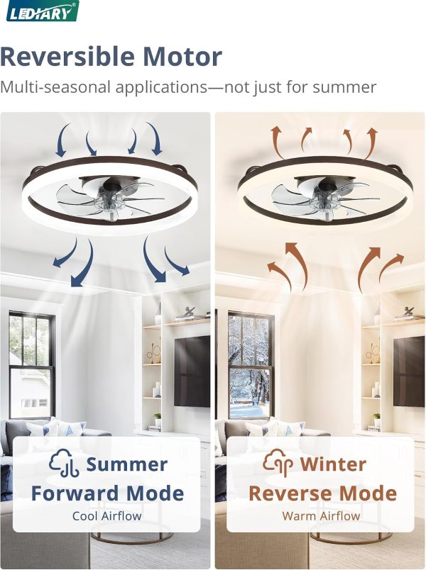 windphoto 20" Low Profile Ceiling Fans with Lights, APP & Remote, Brown | Flush Mount, Dimmable LED, Quiet DC Motor, Reversible, 6 Speeds, Fandelier, for Bedroom