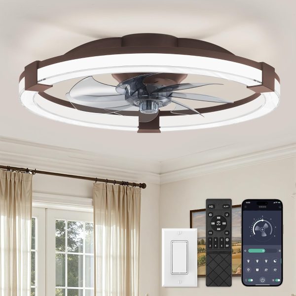 windphoto Ceiling Fan with Light 20" Low Profile Fandelier with Remote Brown | 6 Speeds, Reversible, Dimmable Flush Mount Fan Light, Modern Ceiling Fan with Lights for Bedroom Bladeless
