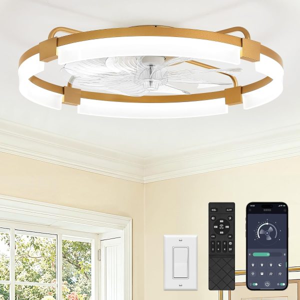 windphoto 24" Ceiling Fans with Lights, Low Profile Fandelier for Bedroom | Flush Mount Fan Light, Stepless Dimmable, App/Remote Control, 3 CCT Led, 6 Speeds, Quiet Reversible DC Motor, Gold