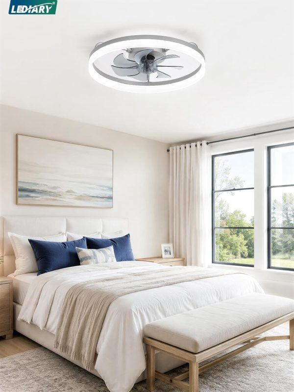 windphoto 20" Low Profile Ceiling Fans with Lights, APP & Remote, Grey | Flush Mount, Dimmable LED, Quiet DC Motor, Reversible, 6 Speeds, Fandelier, for Bedroom