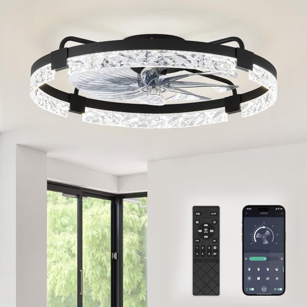 windphoto 24" Low Profile Ceiling Fans with Lights, APP & Remote, Black | Flush Mount, Fandelier, 3000K-6000K, Dimmable LED, for Bedroom