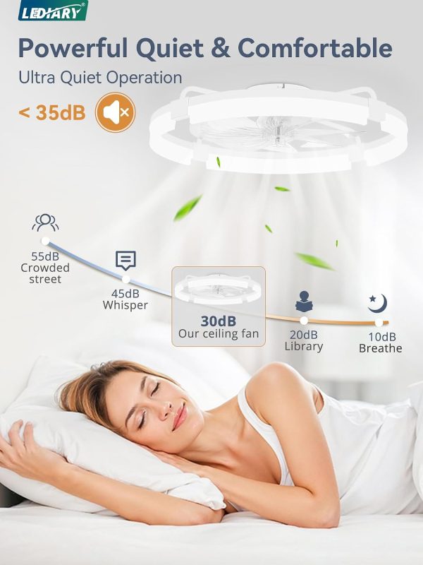 windphoto 24" Ceiling Fans with Lights, Low Profile Fandelier for Bedroom | Flush Mount Fan Light, Stepless Dimmable, App/Remote Control, 3 CCT Led, 6 Speeds, Quiet Reversible DC Motor, White