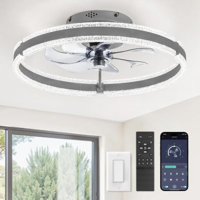windphoto Ceiling Fans with Lights and Remote, 20'' Low Profile Ceiling Fan with Light, 3000-6000K Dimmable Fandelier Ceiling Fans, Modern Flush Mount Fan Light for Bedroom with 6 Wind Speeds-Sandy Gray | 3000-6000K Dimmable LED, 6 Wind Speeds, Quiet Reversible DC Motor, Small Flush Mount Fandelier for Bedroom, Living Room