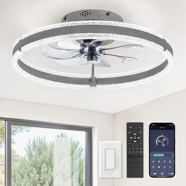 windphoto Ceiling Fans with Lights and Remote, 20'' Low Profile Ceiling Fan with Light, 3000-6000K Dimmable Fandelier Ceiling Fans, Modern Flush Mount Fan Light for Bedroom with 6 Wind Speeds-Sandy Gray | 3000-6000K Dimmable LED, 6 Wind Speeds, Quiet Reversible DC Motor, Small Flush Mount Fandelier for Bedroom, Living Room