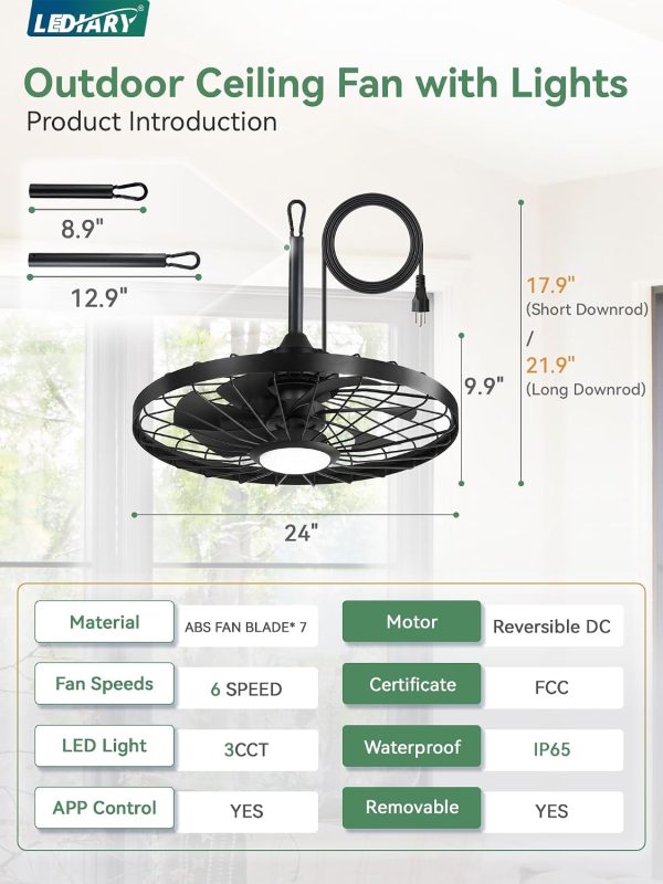 windphoto 24" Outdoor IP65 Waterproof Plug in Ceiling Fan with Lights | 6 Speeds,3CCT,Quiet,Timer,Remote Control,Smart App,DC motor,Reversible,Caged Design,ABS Material,Gazebo,Patio,Porch,Pergola