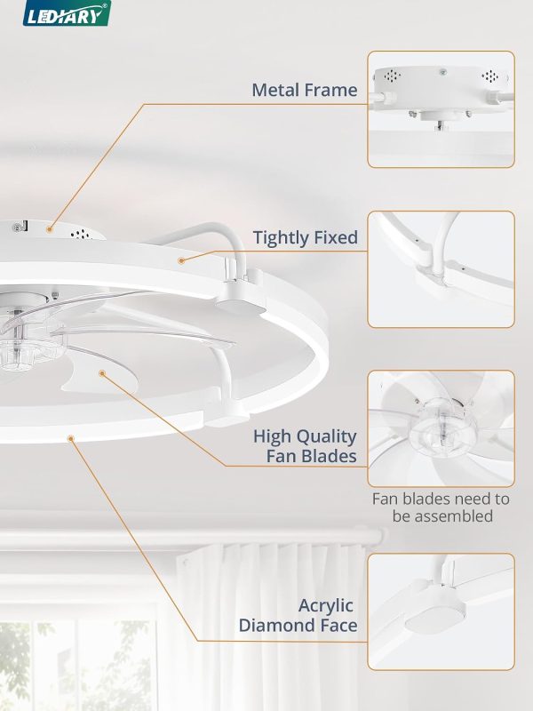 windphoto 26" Ceiling Fans with Lights and Remote, Low Profile Led Fan Light | Flush Mount, Stepless Dimmable Fandelier, 6 Speeds, 3 CCT, Quiet Reversible DC Motor, 2H Timer, Bedroom, Living Room, White