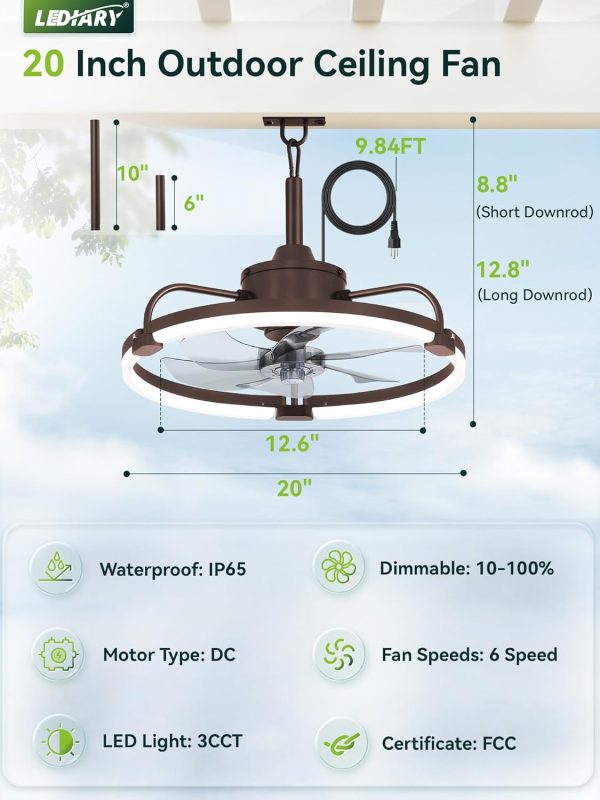 716hNyYafsL._AC_SL1500_.jpg windphoto 20" Waterproof Brown Outdoor Ceiling Fan with Light for Gazebo | IP65 Wet Rated,APP Control,6-Speeds,3CCT Dimmable,Reverse DC Motor,Suitable for 10' x 12' Area,Plug In for Patio,Porch