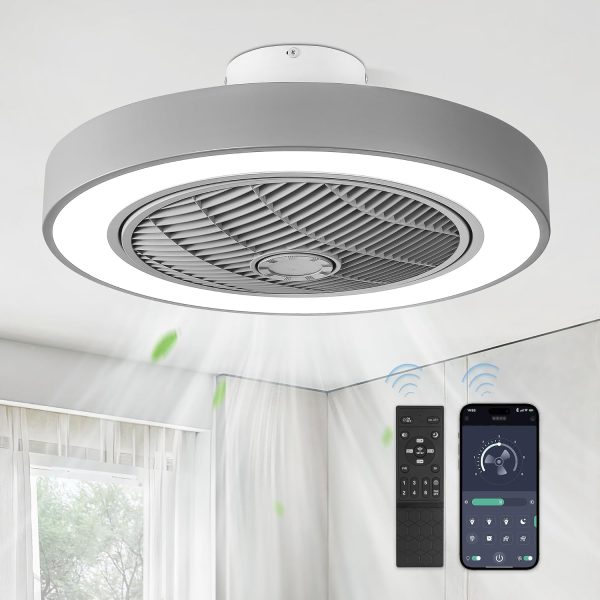 windphoto 22in Bladeless Enclosed LED Ceiling Fan Light with Remote, Grey | Flush Mount, Modern, 6 Speed Adjustable, 3000-6000K Dimmable, 3000LM, Indoor Bedroom Living Room, Remote/APP Control