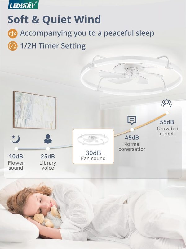 windphoto 30" Ceiling Fans with Lights and Remote, Low Profile Led Fan Light | Flush Mount, Stepless Dimmable Fandelier, 6 Speeds, 3 CCT, Quiet Reversible DC Motor, 2H Timer, Bedroom, Living Room, White