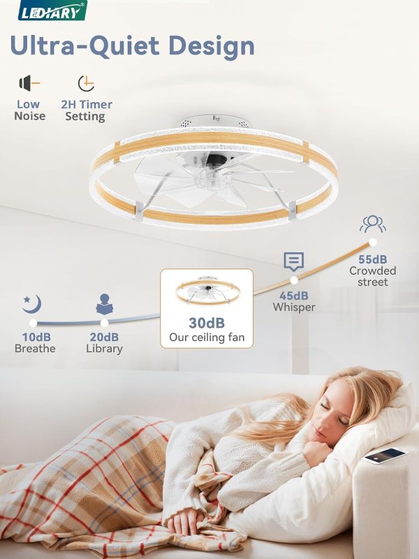 windphoto 24'' Low Profile Ceiling Fans with Lights and Remote, Wood Grain | 3000-6000K Dimmable LED, 6 Wind Speeds, Quiet Reversible DC Motor, Small Flush Mount Fandelier for Bedroom, Living Room