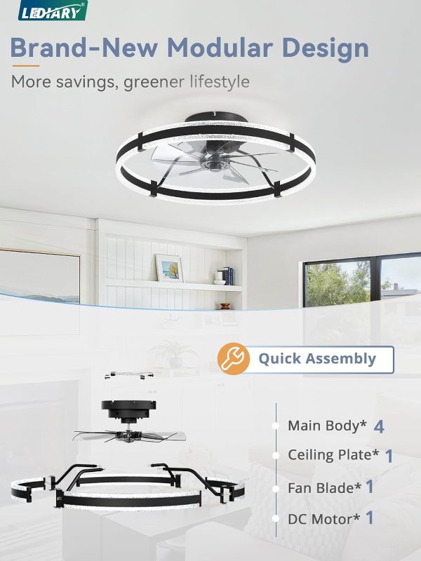 717BNu3V3gL._AC_SL1500_.jpg windphoto 24'' Modern Low Profile Ceiling Fans with Lights and Remote, Black | 3000-6000K Dimmable LED, 6 Wind Speeds, Quiet Reversible DC Motor, Small Flush Mount Fandelier for Bedroom, Living Room