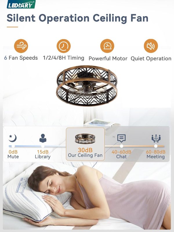 717Cs0SlXL._AC_SL1500_.jpg windphoto 20" Caged Ceiling Fan with Light and Remote, Fandalier, Black Gold | Flush Mount Low Profile, APP Control, Rustic Bladeless Industrial Enclosed, Quiet & Powerful for Bedroom,Kitchen,Dining Room