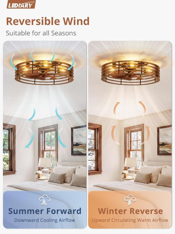 windphoto 23" Caged Low Profile Enclosed Ceiling Fan Light with Remote | Flush Mount, Bladeless Enclosed Fandelier, 6 Speed, Quiet Reversible DC, Rustic, Victorian, Rustic, Bedroom, Kitchen