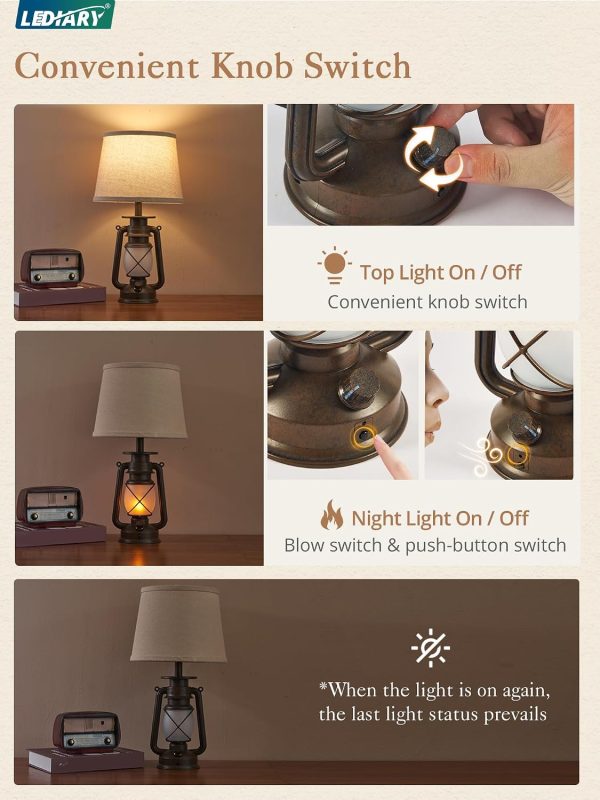 717ckFTfgLL._AC_SL1500_.jpg windphoto 18.72" Farmhouse LED Lantern Flickering Flame Table Lamps Set of 2 | Small Rustic Bronze End Table Lamps, Blow-Controlled , Halloween Decorative, Bedside for Living Room, Bedroom