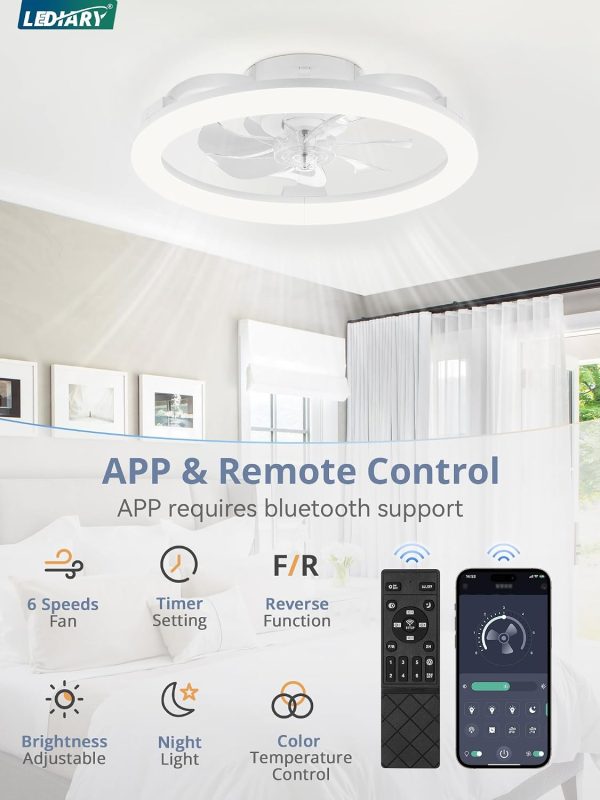 windphoto 20" Ceiling Fans with Lights and Remote for Bedroom, White | Low Profile Fan Light, 3000K-6000K Stepless Dimmable Fandelier, 6 Speed, Reversible DC Motor, APP & Remote Control, Low Noice