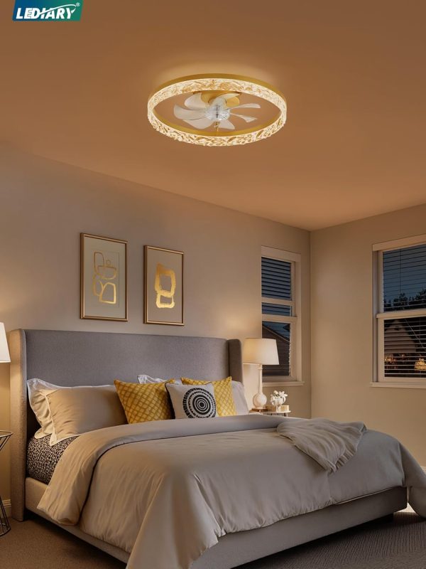 windphoto 20" Modern Ceiling Fans with Lights and Remote, Dimmable Low Profile Ceiling Fan, Flush Mount Fan, Stepless Color Temperature Change and 6 Speeds - Gold | Fandelier, Dimmable Low Profile, Flush Mount, Stepless Color Temperature Change, 6 Speeds, Bedroom, Living Room, Kitchen