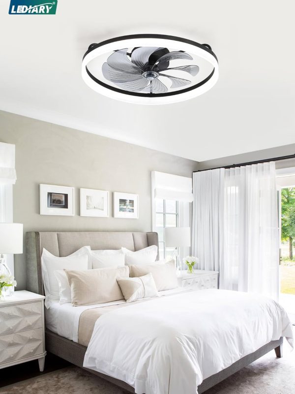windphoto 23" Low Profile Ceiling Fans with Lights, APP & Remote, Black | Flush Mount, Dimmable LED, Quiet DC Motor, Reversible, 6 Speeds, Fandelier, for Bedroom