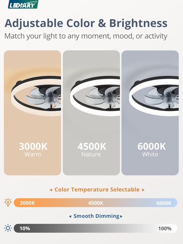 windphoto 20" Low Profile Ceiling Fans with Lights, APP & Remote, Black | Flush Mount, Dimmable LED, Quiet DC Motor, Reversible, 6 Speeds, Fandelier, for Bedroom