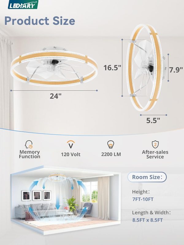 windphoto 24'' Low Profile Ceiling Fans with Lights and Remote, Wood Grain | 3000-6000K Dimmable LED, 6 Wind Speeds, Quiet Reversible DC Motor, Small Flush Mount Fandelier for Bedroom, Living Room
