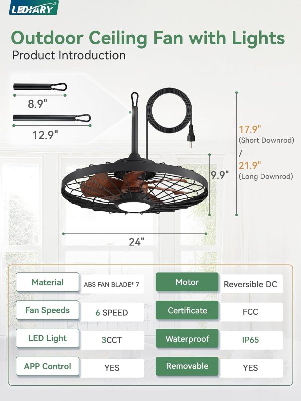 windphoto 24" Outdoor IP65 Waterproof Plug in Ceiling Fan with Lights | 6 Speeds,3CCT,Quiet,Timer,Remote Control,Smart App,DC motor,Reversible,Caged Design,ABS Material,Gazebo,Patio,Porch,Pergola