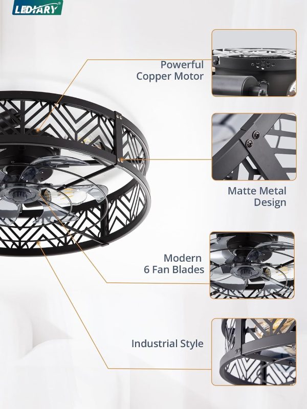 718TwfoorL._AC_SL1500_.jpg windphoto 23" Caged Ceiling Fan with Light and Remote, Large Fandalier, Black | Flush Mount Low Profile, APP Control, Bladeless Industrial Enclosed, Quiet & Powerful for Bedroom, Kitchen, Dining Room