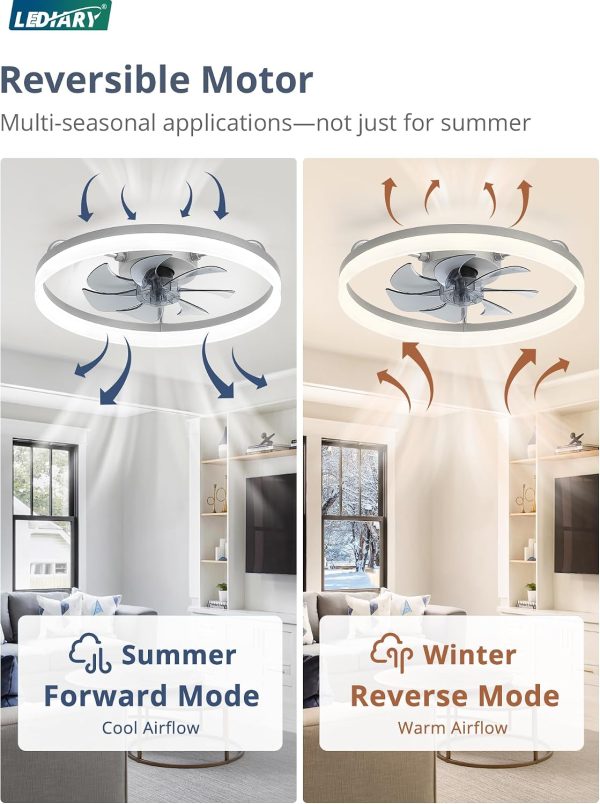 windphoto 20" Low Profile Ceiling Fans with Lights, APP & Remote, Grey | Flush Mount, Dimmable LED, Quiet DC Motor, Reversible, 6 Speeds, Fandelier, for Bedroom