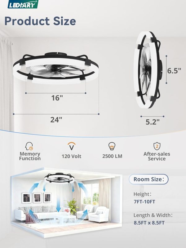 windphoto 24" Ceiling Fans with Lights, Low Profile Fandelier for Bedroom | Flush Mount Fan Light, Stepless Dimmable, App/Remote Control, 3 CCT Led, 6 Speeds, Quiet Reversible DC Motor, Black