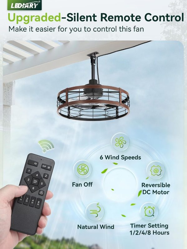 719Mmi0XwoL._AC_SL1500_.jpg windphoto 22" Outdoor Ceiling Fan No Light for Patios, Wet Rated Gazebo Fan | Outdoor Fan with Hanging Hook, Plug in, Remote Control,Caged, 6 Speeds, 4Timer, for Porch, Pergola, Canopy