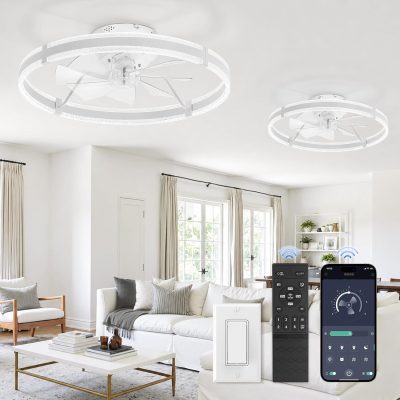 windphoto 24'' Low Profile Ceiling Fans with Lights and Remote, White, 2 Pack | 3000-6000K Dimmable LED, 6 Wind Speeds, Quiet Reversible DC Motor, Small Flush Mount Fandelier for Bedroom, Living Room